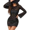 image:imageAvidlove Womens Mesh Dress Backless Bell Sleeve Party Clubwear Mini Bodycon DressesFlowers With Leavesblack