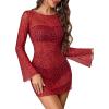 image:imageAvidlove Womens Mesh Dress Backless Bell Sleeve Party Clubwear Mini Bodycon DressesRed Leopard Print