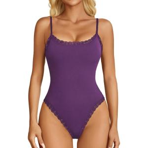 image:imageAvidlove Women Square Neck Lace Bodysuit Sleeveless Spaghetti Strap Tank Top Body SuitsPurple