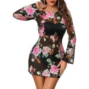 image:imageAvidlove Womens Mesh Dress Backless Bell Sleeve Party Clubwear Mini Bodycon DressesBlack Floral
