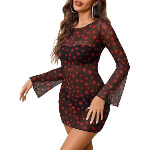 image:imageAvidlove Womens Mesh Dress Backless Bell Sleeve Party Clubwear Mini Bodycon DressesBlack Love Heart Print