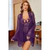 image:imageAvidlove Sexy 3 Piece Lingerie Set Mesh Strap Babydoll and Lace Kimono Robe with Lace ThongLavender