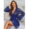image:imageAvidlove Sexy 3 Piece Lingerie Set Mesh Strap Babydoll and Lace Kimono Robe with Lace ThongNavy Blue