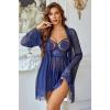 image:imageAvidlove Sexy 3 Piece Lingerie Set Mesh Strap Babydoll and Lace Kimono Robe with Lace ThongNavy Blue