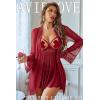 image:imageAvidlove Sexy 3 Piece Lingerie Set Mesh Strap Babydoll and Lace Kimono Robe with Lace ThongWine Red