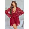 image:imageAvidlove Sexy 3 Piece Lingerie Set Mesh Strap Babydoll and Lace Kimono Robe with Lace ThongWine Red