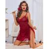 image:imageAvidlove Side Split V Neck Sheer Mesh Lace Wireless Babydoll Lingerie Dress with Thong 2 PieceDark Red