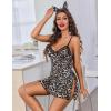 image:imageAvidlove Side Split V Neck Sheer Mesh Lace Wireless Babydoll Lingerie Dress with Thong 2 PieceLeopard Print