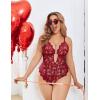 image:imageAvidlove Women Plus Size Lingerie Lace Teddy Deep V Lingerie Bodysuit One Piece Babydoll 1422 PlusWine Red