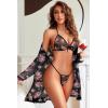 image:imageAvidlove Women Sexy Lingerie Set 3 Piece Mesh Kimono Robe with Bra and Panty Sheer SleepwearBlack Floral