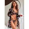 image:imageAvidlove Women Sexy Lingerie Set 3 Piece Mesh Kimono Robe with Bra and Panty Sheer SleepwearBlack Floral