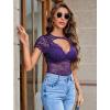 image:imageAvidlove Womens Lace Mesh Short Sleeve Top Floral Sheer See Through Blouse Sexy TopsDark Purple