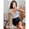 image:imageAvidlove Womens Lace Mesh Short Sleeve Top Floral Sheer See Through Blouse Sexy TopsWhite