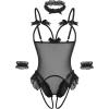 image:imageAvidlove Womens Lingerie Bodysuit 4 Piece Set Sheer Mesh Teddy Babydoll with Detachable Collar and Wrist CuffsBlack