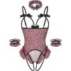 image:imageAvidlove Womens Lingerie Bodysuit 4 Piece Set Sheer Mesh Teddy Babydoll with Detachable Collar and Wrist CuffsHot Pink Leopard