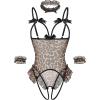 image:imageAvidlove Womens Lingerie Bodysuit 4 Piece Set Sheer Mesh Teddy Babydoll with Detachable Collar and Wrist CuffsLeopard