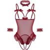 image:imageAvidlove Womens Lingerie Bodysuit 4 Piece Set Sheer Mesh Teddy Babydoll with Detachable Collar and Wrist CuffsWine Red