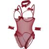 image:imageAvidlove Womens Lingerie Bodysuit 4 Piece Set Sheer Mesh Teddy Babydoll with Detachable Collar and Wrist CuffsWine Red