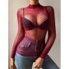 image:imageAvidlove Womens Sexy Fishnet Mesh Long Sleeve Tops Mock Neck Sheer Lace SeeThrough Blouse Bodycon Clubwear Party TopsBurgundy