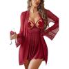 image:imageAvidlove Sexy 3 Piece Lingerie Set Mesh Strap Babydoll and Lace Kimono Robe with Lace ThongWine Red