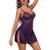image:imageAvidlove Side Split V Neck Sheer Mesh Lace Wireless Babydoll Lingerie Dress with Thong 2 PiecePurple