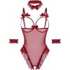 image:imageAvidlove Womens Lingerie Bodysuit 4 Piece Set Sheer Mesh Teddy Babydoll with Detachable Collar and Wrist CuffsWine Red