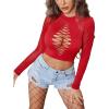 image:imageAvidlove Womens Long Sleeve Fishnet Top Sexy Cut Out Crop Short Hollow Out TopCarmine Red