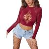 image:imageAvidlove Womens Long Sleeve Fishnet Top Sexy Cut Out Crop Short Hollow Out TopDark Red