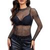 image:imageAvidlove Womens Sexy Fishnet Mesh Long Sleeve Tops Mock Neck Sheer Lace SeeThrough Blouse Bodycon Clubwear Party TopsBlack Rhinestone
