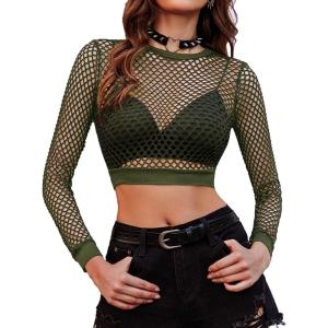 image:imageAvidlove Fishnet Top Women Mesh Long Sleeve Crop Top See Through Shirt Sheer Rave Top XSXXLArmy Green