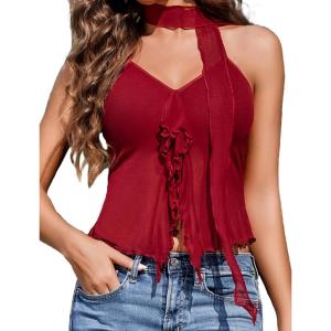 image:imageAvidlove Halter Tops for Women Mesh Tank Top Sexy Camisoles Y2K Crop Top Going Out Tops Trendy Summer Tops OutfitsWine Red
