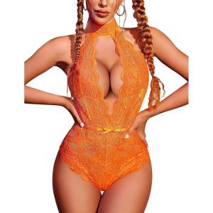image:imageAvidlove Lingerie for Women Halter Lace Bodysuit V Neck Teddy One Piece Babydoll NightgownOrange
