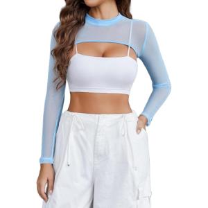 image:imageAvidlove Mesh Crop Tops for Women Mock Neck Long Sleeve Crop Top See Through Shirt Top Sexy ClubwearLight Blue