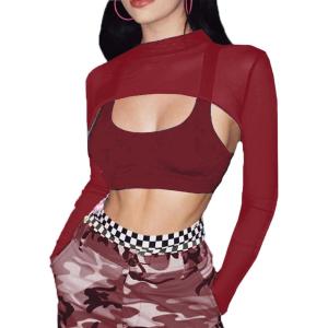 image:imageAvidlove Mesh Crop Tops for Women Mock Neck Long Sleeve Crop Top See Through Shirt Top Sexy ClubwearWine Red