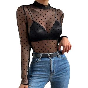 image:imageAvidlove Mesh Top for Women Long Sleeve See Through Shirt Mock Neck Sheer Blouse Clubwear Party XS3XLDotsjh79