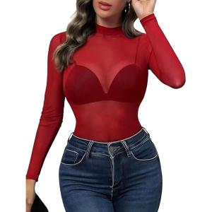 image:imageAvidlove Mesh Top for Women Long Sleeve See Through Shirt Mock Neck Sheer Blouse Clubwear Party XS3XLWine Red