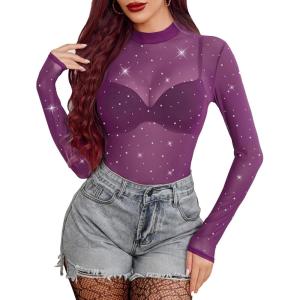 image:imageAvidlove Mesh Top for Women Long Sleeve See Through Shirt Mock Neck Sheer Blouse Clubwear Party XS3XLZpurplerhinestone 