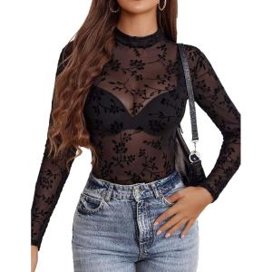 image:imageAvidlove Mesh Top for Women Long Sleeve See Through Shirt Mock Neck Sheer Blouse Clubwear Party XS3XLZw781