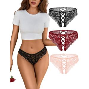 image:imageAvidlove Panties for Women Sexy Cheeky Underwear Criss Cross Lace Hipster PantyBlack burgundy pink