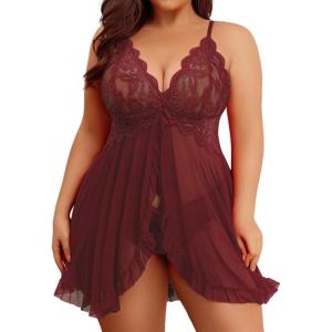 image:imageAvidlove Plus Size Lingerie for Women Sexy Lingerie Dress Lace Babydoll Lingerie VNeck Open Front Strap NightdressA  Dark Red