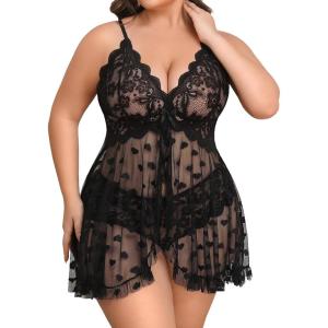 image:imageAvidlove Plus Size Lingerie for Women Sexy Lingerie Dress Lace Babydoll Lingerie VNeck Open Front Strap NightdressBlack Heart