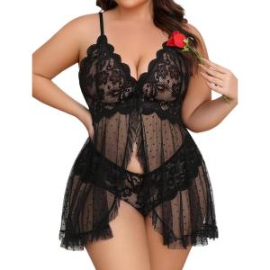 image:imageAvidlove Plus Size Lingerie for Women Sexy Lingerie Dress Lace Babydoll Lingerie VNeck Open Front Strap NightdressBlack Polka Dots