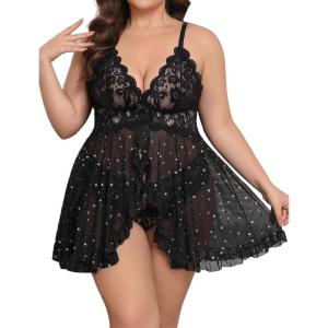 image:imageAvidlove Plus Size Lingerie for Women Sexy Lingerie Dress Lace Babydoll Lingerie VNeck Open Front Strap NightdressBlack Star