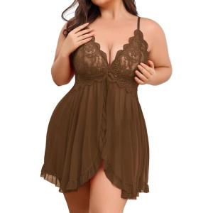 image:imageAvidlove Plus Size Lingerie for Women Sexy Lingerie Dress Lace Babydoll Lingerie VNeck Open Front Strap NightdressBrown