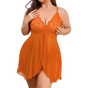 image:imageAvidlove Plus Size Lingerie for Women Sexy Lingerie Dress Lace Babydoll Lingerie VNeck Open Front Strap NightdressOrange