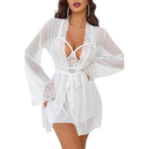 image:imageAvidlove Sexy 3 Piece Lingerie Set Mesh Strap Babydoll and Lace Kimono Robe with Lace ThongWhite