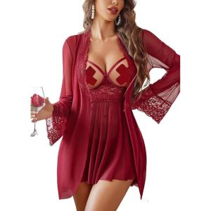 image:imageAvidlove Sexy 3 Piece Lingerie Set Mesh Strap Babydoll and Lace Kimono Robe with Lace ThongWine Red