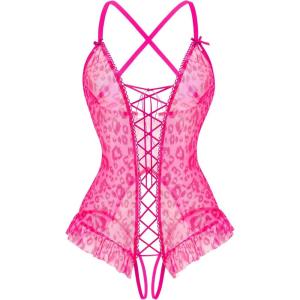 image:imageAvidlove Sexy Floral Print Corset Ruffle Lace Up Lingerie for Women Criss Cross Teddy Mini BodysuitLeopard An268
