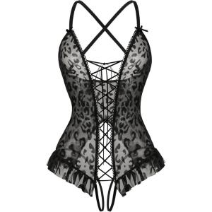 image:imageAvidlove Sexy Floral Print Corset Ruffle Lace Up Lingerie for Women Criss Cross Teddy Mini BodysuitLeopard An59