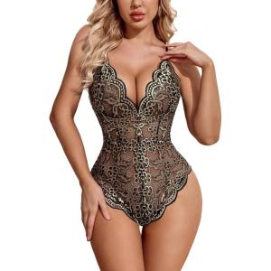image:imageAvidlove Sexy Lingerie for Women Deep V Teddy Sheer Lace Bodysuit Snap Crotch One Piece BabydollBlackskin